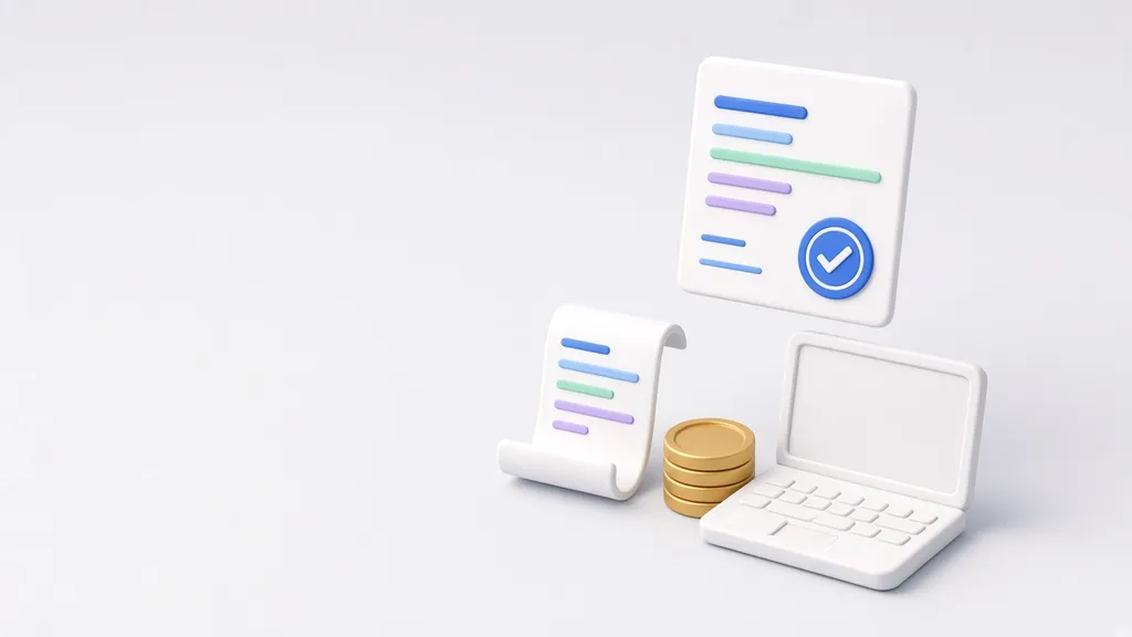 Ilustración de una factura electrónica validada junto a un ticket, monedas y una laptop