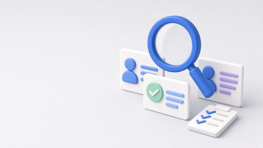 Ilustración de una lupa evaluando perfiles de proveedores, uno aprobado, y una lista de verificación