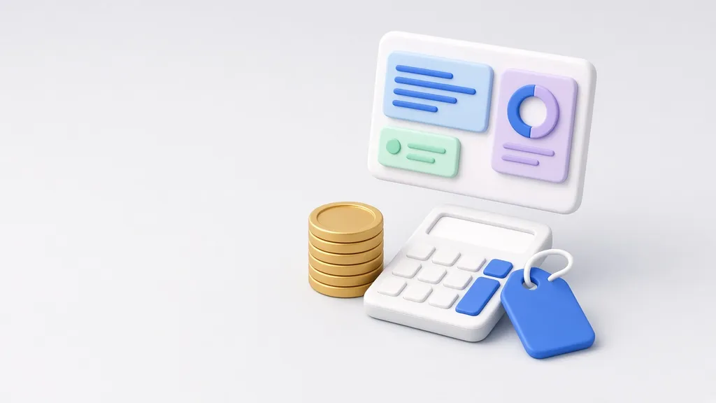 Ilustración de una calculadora, monedas y una etiqueta de precio frente a una pantalla de sistema