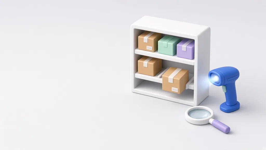 Ilustración de un estante de almacén con cajas, un lector de códigos de barras y una lupa