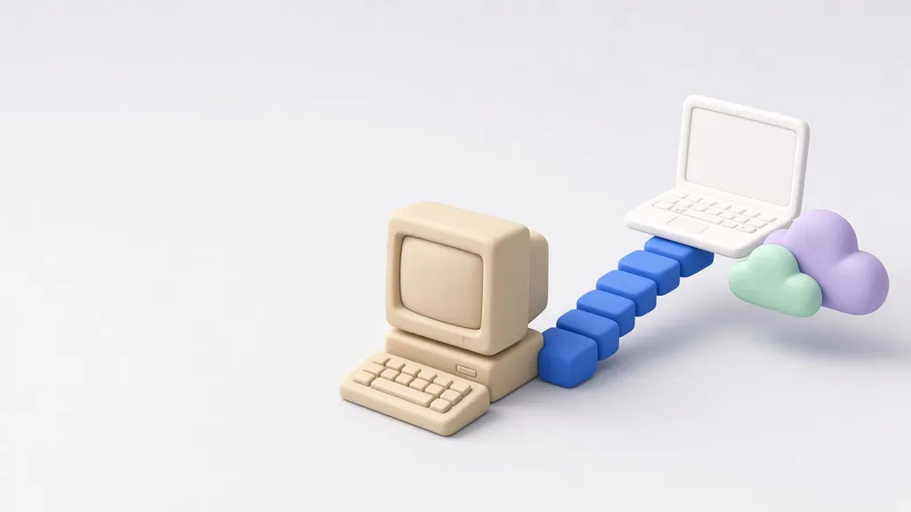 Ilustración de una computadora antigua conectada por bloques a una laptop moderna y la nube