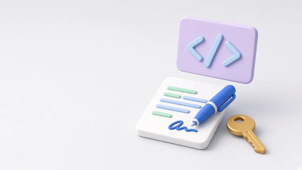 Ilustración de un contrato firmado, un símbolo de código fuente y una llave