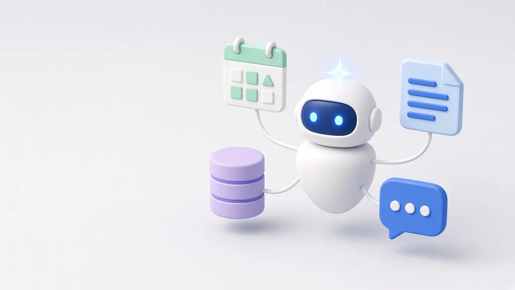 Ilustración de un asistente robot conectado a calendario, documentos, base de datos y chat