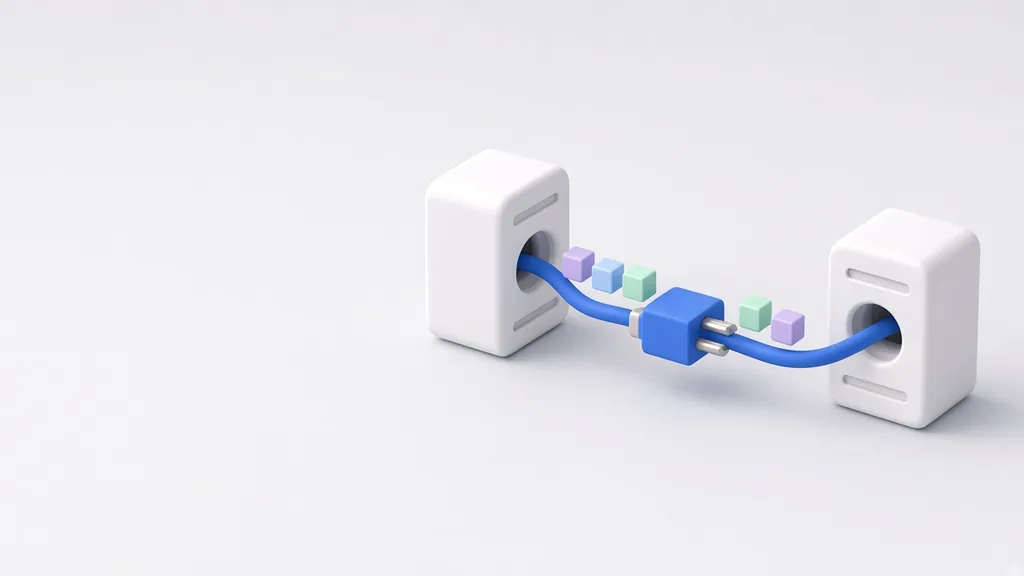 Ilustración de dos servidores conectados por un cable que intercambian paquetes de datos