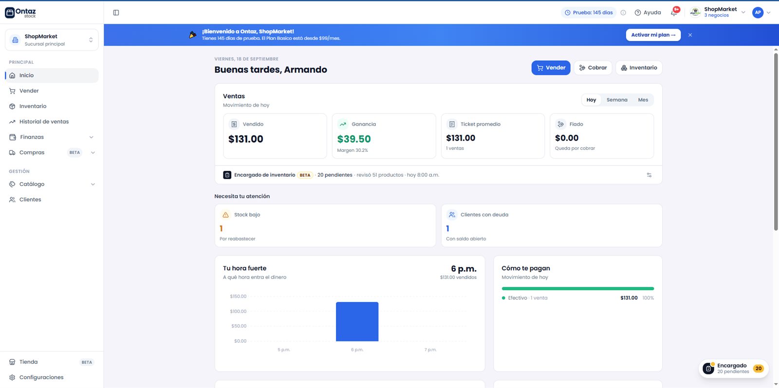 Panel web de Ontaz Stock con ventas del día, ganancia, fiado y alertas de inventario